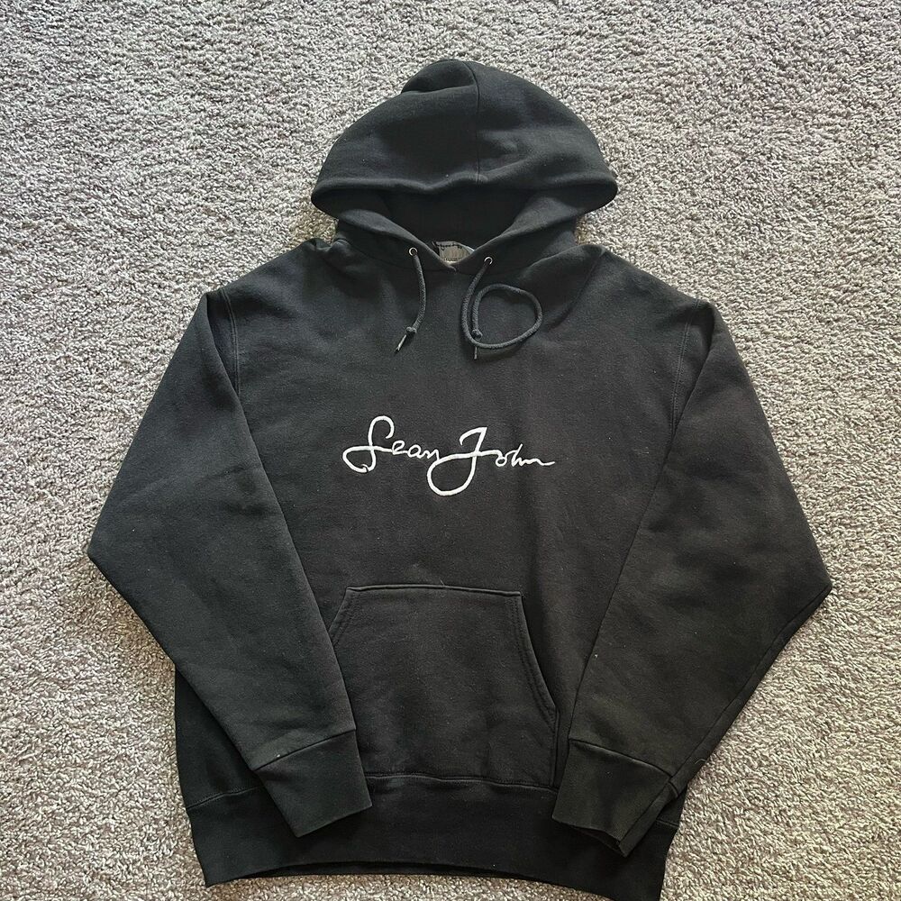 VTG Y2K Sean John Embroidered Script Logo Hoodie Sweatshirt Black Size Large